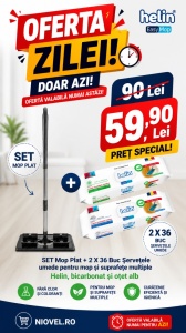 SET Mop Plat + 2 X 36 Buc Servetele umede pentru mop si suprafete multiple Helin, bicarbonat si otet alb, fara clor si coloranti