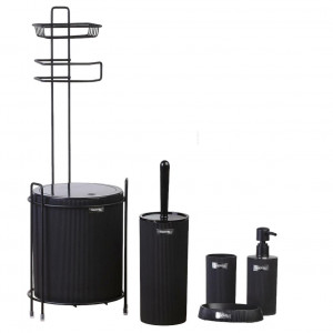 Set accesorii baie 6 piese Niovel® 6S0, perie wc, cos gunoi, dispenser sapun, suport periute, suport sapun, Negru