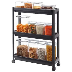 Organizator slim portabil cu roti, 3 rafturi, pentru bucatarie sau baie, Negru, 19x54x71 cm