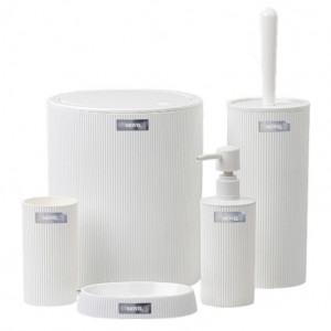 Set accesorii baie 5 piese Niovel® MYB, perie wc, cos gunoi, dispenser sapun, suport periute, suport sapun, Alb