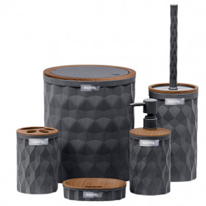 Set accesorii baie 5 piese Niovel® DA3, perie wc, cos gunoi, dispenser sapun, suport periute, suport sapun, Antracit