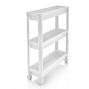 Organizator slim portabil cu roti, 3 rafturi, pentru bucatarie sau baie, Alb, 19x54x71 cm