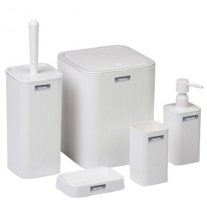 Set accesorii baie 5 piese Niovel® MKB, perie wc, cos gunoi, dispenser sapun, suport periute, suport sapun, Alb