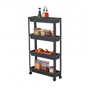 Organizator slim portabil cu roti, 4 rafturi, pentru bucatarie sau baie, Negru, 19x54x100 cm
