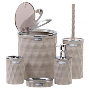 Set accesorii baie 5 piese Niovel® DK1, perie wc, cos gunoi, dispenser sapun, suport periute, suport sapun, Maro Latte