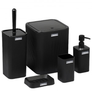Set accesorii baie 5 piese Niovel® MKS, perie wc, cos gunoi, dispenser sapun, suport periute, suport sapun, Negru