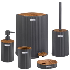 Set accesorii baie 5 piese Niovel® CLM3, perie wc, cos gunoi 5 lt, dispenser sapun, suport periute, suport sapun, Antracit