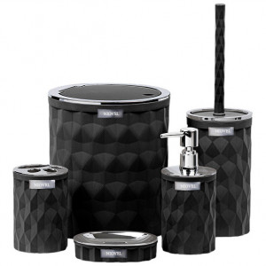 Set accesorii baie 5 piese Niovel® DS1, perie wc, cos gunoi, dispenser sapun, suport periute, suport sapun, Negru