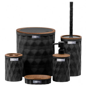 Set accesorii baie 5 piese Niovel® DS3, perie wc, cos gunoi, dispenser sapun, suport periute, suport sapun, Negru