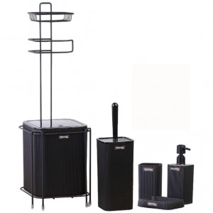 Set accesorii baie 6 piese Niovel® 6SK0, perie wc, cos gunoi, dispenser sapun, suport periute, suport sapun, Negru