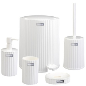Set accesorii baie 5 piese Niovel® CLM3, perie wc, cos gunoi 5 lt, dispenser sapun, suport periute, suport sapun, Alb