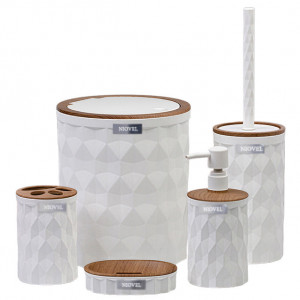 Set accesorii baie 5 piese Niovel® DB3, perie wc, cos gunoi, dispenser sapun, suport periute, suport sapun, Alb