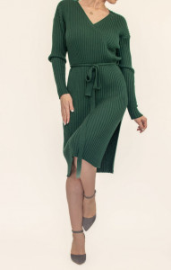 Rochie merinos cu cordon și șliț lateral, Verde sequoia - Img 6