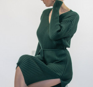Rochie merinos cu cordon și șliț lateral, Verde sequoia - Img 7