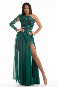 rochie glamour voal tull brodat flori aplicate croi asimetric