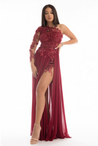 rochie lunga voal tull brodat flori aplicate croi asimetric