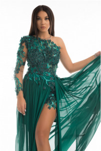 rochie voal tull brodat flori aplicate croi asimetric eleganta