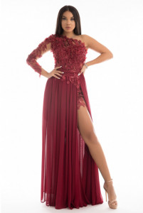 rochie voal tull brodat flori aplicate croi asimetric lunga