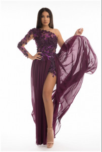rochie voal tull brodat flori aplicate croi asimetric