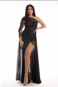 rochie voal tull brodat flori aplicate croi asimetric eleganta