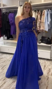 Rochie lunga crepatura asimetrie voal broderie flori 