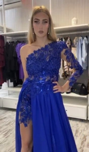 Rochie lunga asimetrie voal broderie flori relief