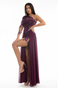 rochie voal tull brodat flori aplicate croi asimetric fashion