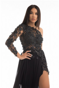 rochie voal tull brodat flori aplicate croi asimetric trendy