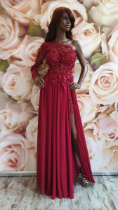 Rochie lunga crepatura asimetrie voal broderie flori relief