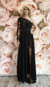 Rochie lunga material voal dantela flori relief 