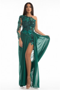 rochie lunga voal tull brodat flori aplicate croi asimetric