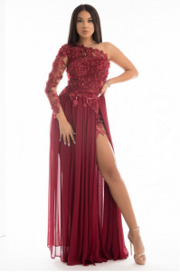 rochie voal tull brodat flori aplicate croi asimetric