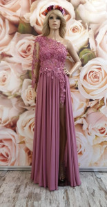 Rochie lunga voal tull brodat flori aplicate croi asimetric sofisticat