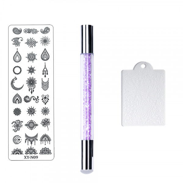 Set 3 in 1 Nail Art - Stampila cu maner mov argintiu, Matrita XY- N09, Racleta