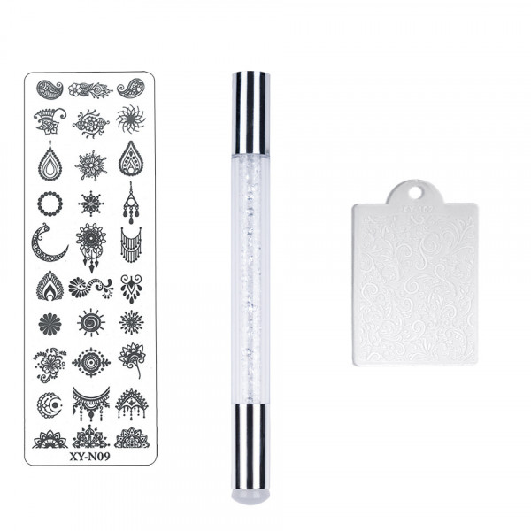 Set 3 in 1 Nail Art - Stampila cu maner alb argintiu, Matrita XY- N09, Racleta