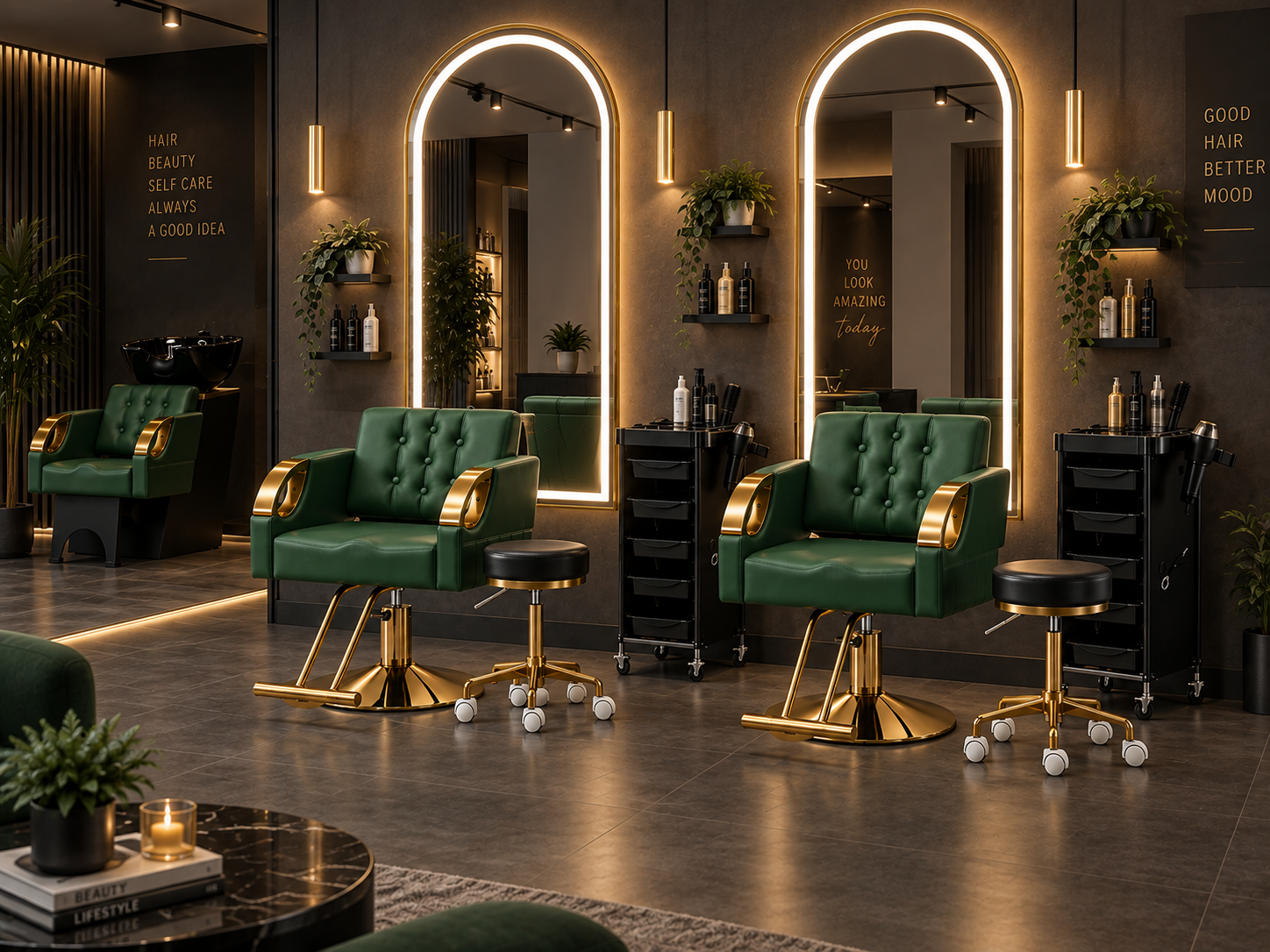 Set salon Emerald Gold 9 piese - 2 scaune, 2 oglinzi LED, scafă, 2 ucenici, 2 taburete