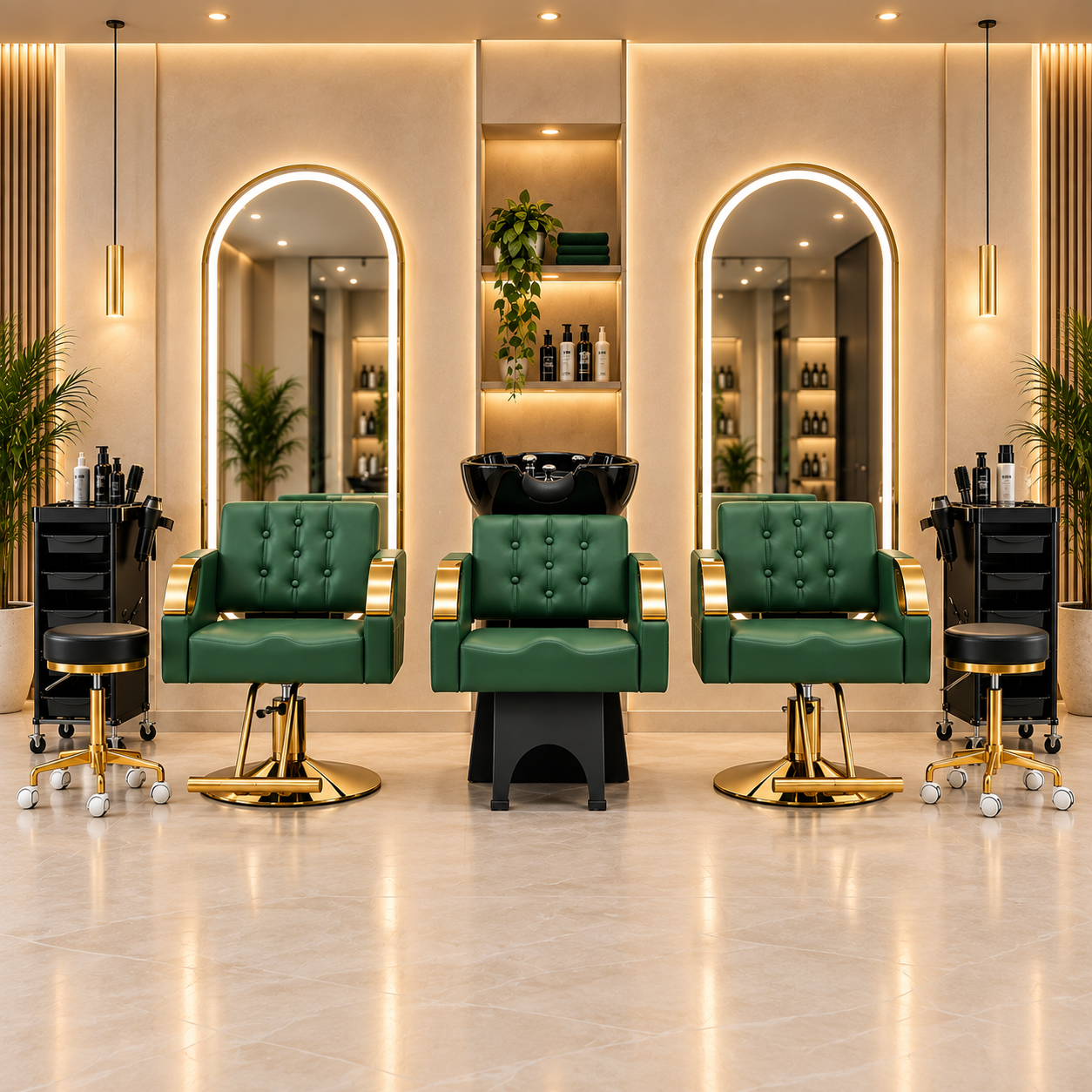 Mobilier salon coafor verde smarald cu accente aurii