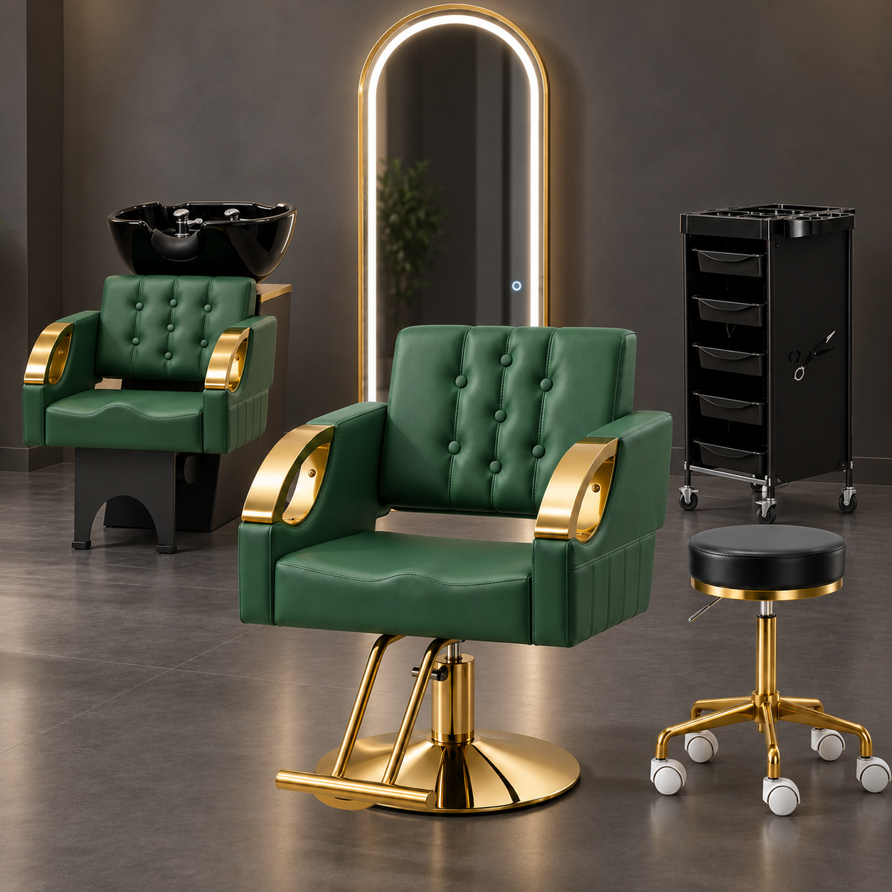Pachet mobilier salon coafor verde smarald și gold