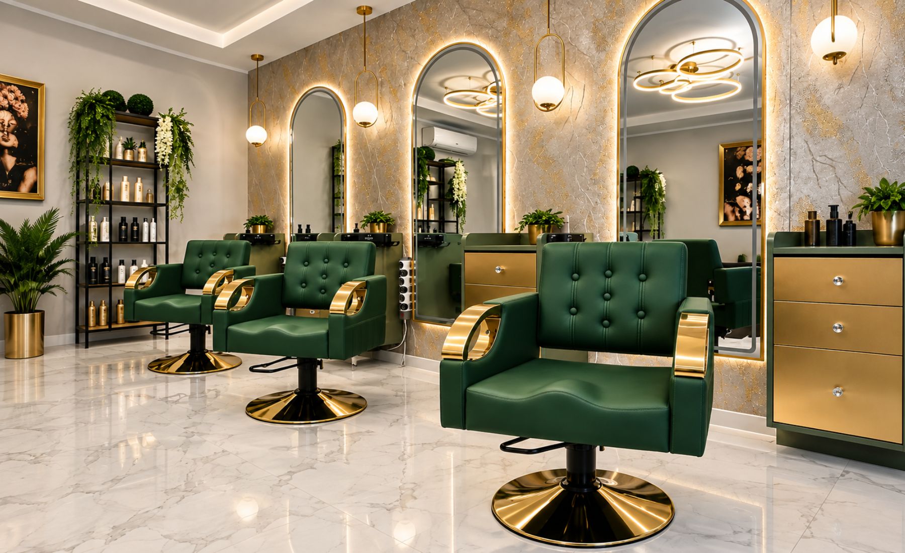 Set mobilier salon Emerald Gold - 2 scaune, 2 oglinzi LED, scafă