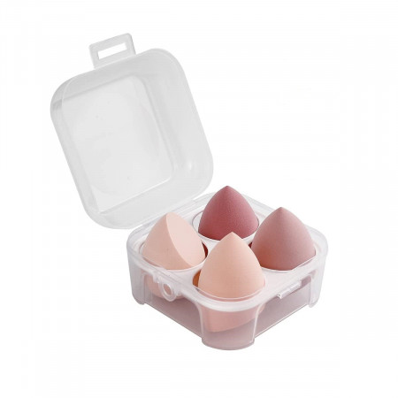 Set bureti machiaj tip beauty blender, 4 bucati, roz, in cutie de depozitare din plastic