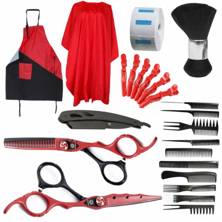Set complet frizerie coafor Riga cu foarfeca tuns si filat rosu negru brici metalic manta si sort