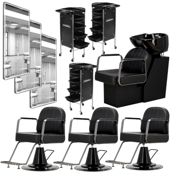 Set Mobilier frizerie cu 3 scaune coafor, scafa, 3 posturi de lucru frizerie, complet dotate