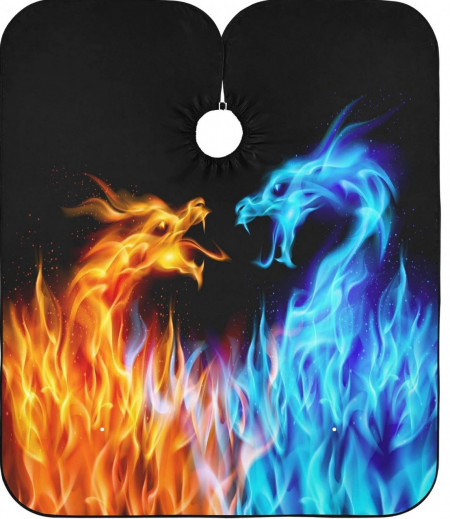 Pelerina pentru frizerie de tuns, neagra, imprimeu Dragoni de foc si gheata, PEL34