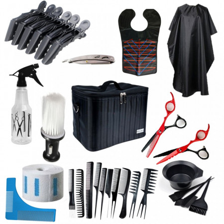 Set kit frizerie coafor foarfeca tuns filat pelerina vopsit piepteni geanta brici metalic NEOO