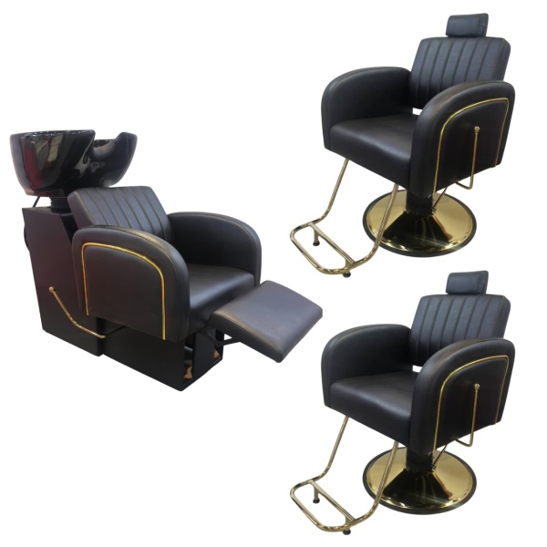 Set Scafa frizerie cu 2 scaune frizerie, rabatabile cu tetiera, negru cu auriu