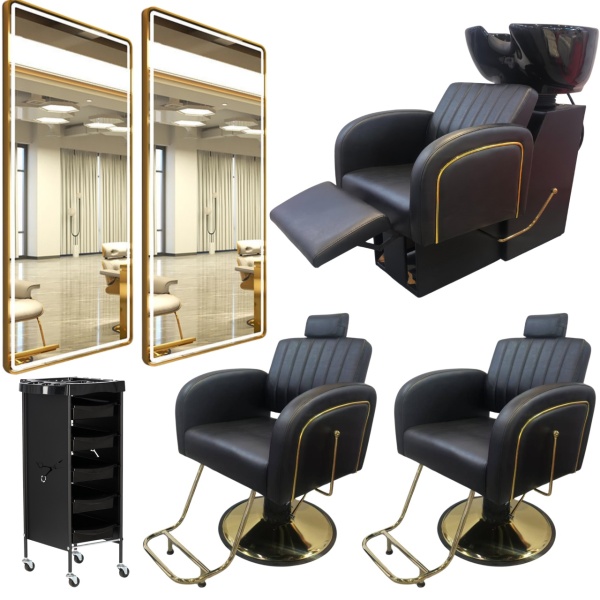 Set Scafa cu 2 scaune frizerie, rabatabile cu tetiera, negru cu auriu, 2 oglinzi LED si ucenic