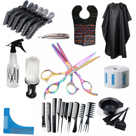 Kit frizerie coafor cu foarfeca tuns filat curcubeu brici din inox, pieptan barba, manta, pelerina Davis
