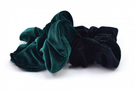 Set 2 elastice mari scrunchies pentru par din catifea verde smarald si negru ES3
