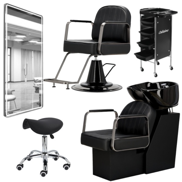 Set mobilier salon coafor cu 1 post de lucru frizerie, scaun coafor, scafa, Negru cu Argintiu