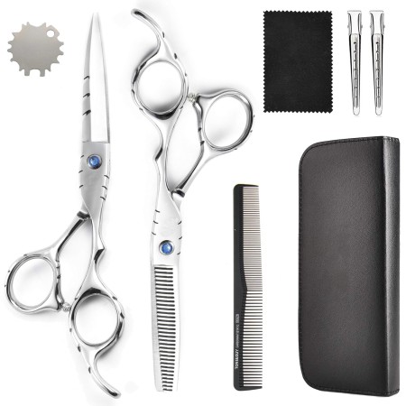 Set foarfeca tuns si foarfeca filat · Serenity Cut · clipsuri metalice · pieptan carbon · husa depozitare · cheita reglare tensiune.